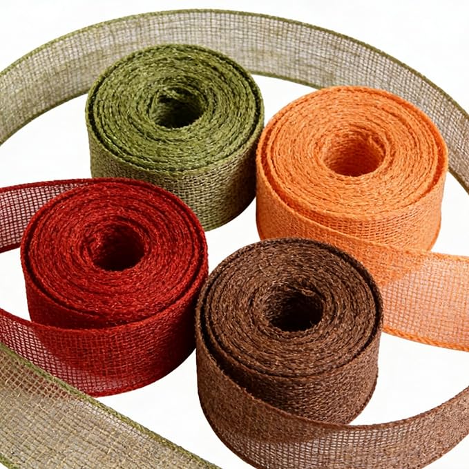 Meseey 2.5 Inch Fall Burlap Wired Ribbon, 20 Yards Total Sage Green/Orange/Brown/Burgundy Plaid Ribbon for Big Bows, Wreaths, Thanksgiving & Halloween Outdoor Decor (FPR009)
