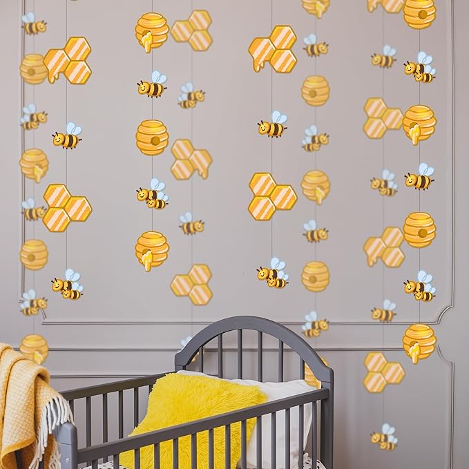 Cheerland Cute Bee Garland Set Honey Comb Decorations for Bee Birthday Party Decorations Bumblebee Decoration Streamers Kids First Birthday Baby Shower Gender Reveal Summer Honey Decoration 4 Pcs
