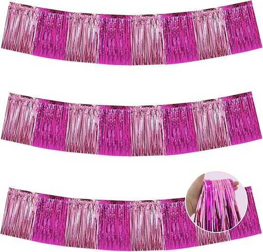 BEISHIDA 3 Packs Metallic Foil Fringe Garland Pink Mix Wall Hanging Tinsel Fringe Banners for Car Floats Birthday Baby Bridal Shower Wedding Graduation Holiday Party Decoration(30 Feet)