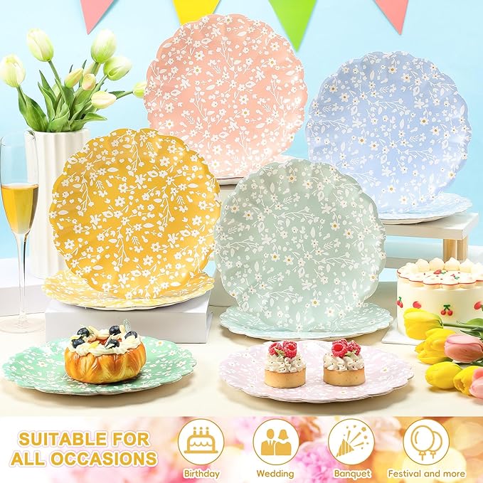 Yungyan 30 Pcs Ditsy Floral Paper Plates - 9.5'' Ditsy Scalloped Disposable Party Paper Plates Rainbow Scalloped Dessert Tableware for Christmas Winter Wedding Birthday Baby Shower Party Supplies