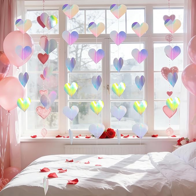 40Ft Iridescent Holographic Heart Valentines Day Garland Disco Hanging Streamer Decor for Galentines Valentines Day, Wedding, Bridal Bachelorette Baby Shower Birthday Party
