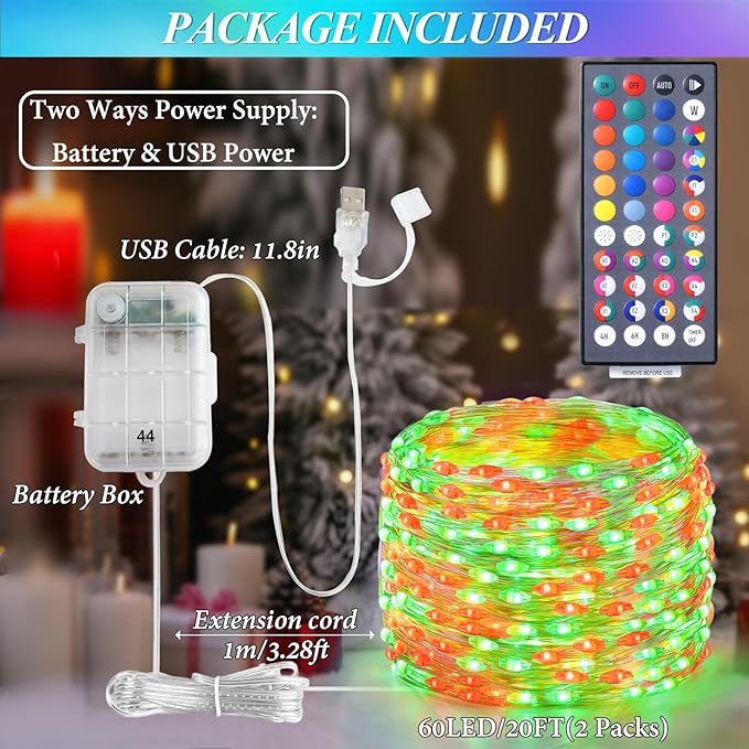 Lovelite Fairy Lights 34 Colors Changing, 2 Pack Total 40FT 120LED 4th of July String Lights Battery USB Operated, Waterproof Twinkle Lights with Remote for Holiday Wedding Party Indoor Outdoor