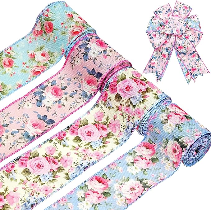 Spring Floral Wired Edge Ribbon, Watercolor Vintage Flower Ribbon with Pink Rose Design Ribbon for Wreath, Bow Making, DIY Crafts, Wrapping and Making Rose Petals,4 Rolls, 20 Yard (Pink-Blue)