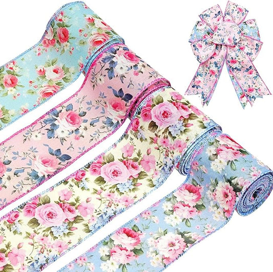 Spring Floral Wired Edge Ribbon, Watercolor Vintage Flower Ribbon with Pink Rose Design Ribbon for Wreath, Bow Making, DIY Crafts, Wrapping and Making Rose Petals,4 Rolls, 20 Yard (Pink-Blue)