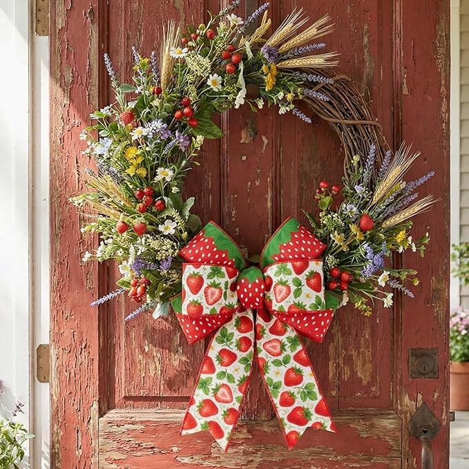 Strawberry Wired Edge Burlap Ribbons 2 Pack - 2.5 Inch Spring Theme Ribbon Set, 5 Yards Each for Wreaths Crafts Decorations Gift Wrapping
