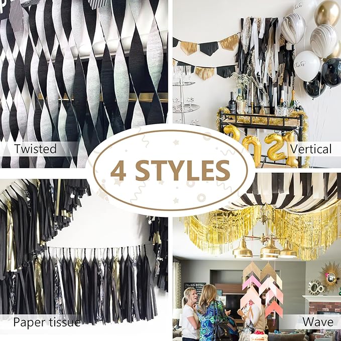 PartyWoo Crepe Paper Streamers 6 Rolls 492ft, Pack of Crepe Paper in Black and Gold Color, Black and Gold Streamers, Crepe Paper for Birthday Decorations, Party Decorations (1.8 in x 82 Ft/Roll)