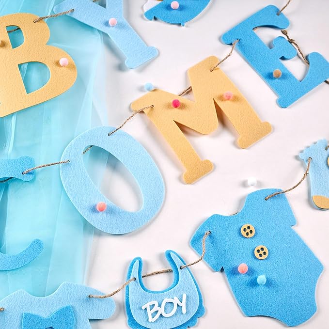SUNBEAUTY Boy Baby Shower Decorations Welcome Baby Felt Banner Blue Boy Baby Bodysuit Banner with DIY Felt Balls Welcome Baby Sign for Gender Reveal Birthday Baby Shower Neutral Party Nursery Decor