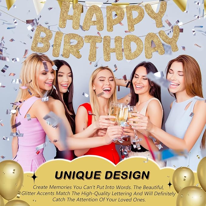 Fulmoon Glitter Pre Strung Happy Birthday Banner No DIY Party Decorations Happy Birthday Sign Decor for Men Women Boy Girls Backdrop(Champagne Gold)