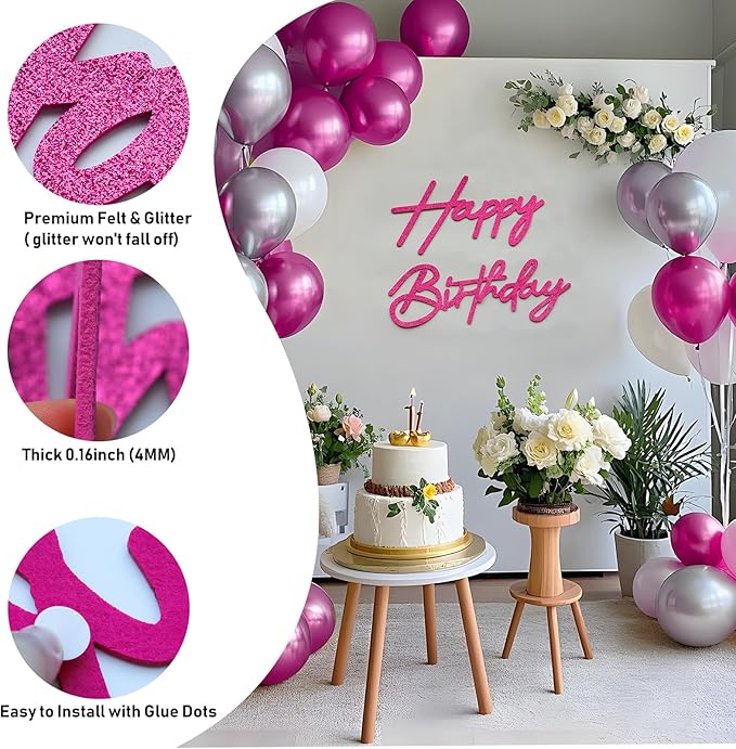 Glitter Hot Pink Happy Birthday Sign for Arch Backdrop - Felt Happy Birthday Letters for Balloon Arch Removable Reusable Large Signs for Boys Girls Women Party Wall Decor