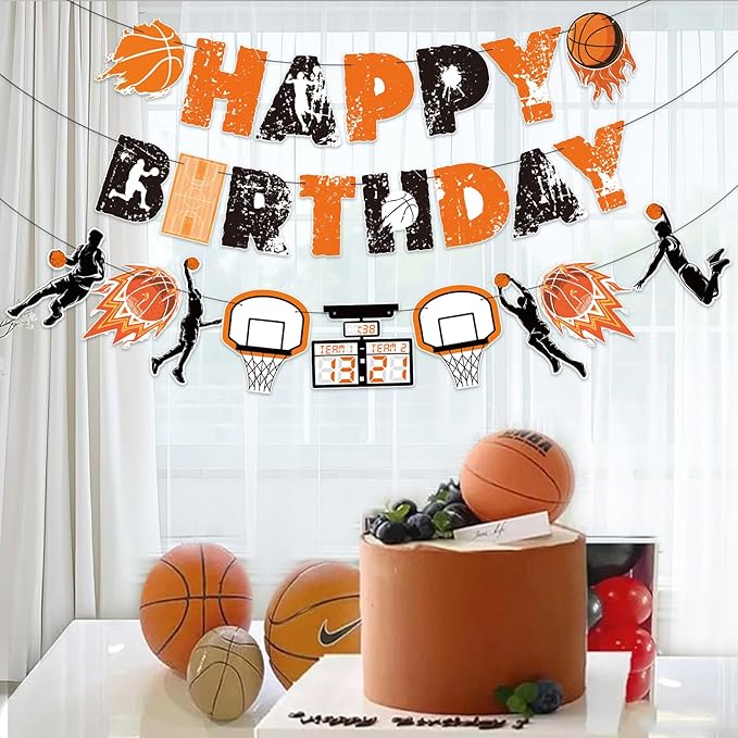SUNBEAUTY Basketball Happy Birthday Banner Basket Ball Themed Party Decorations Sports Birthday Banner Basketball Party Supplies Slam Dunk Garland Birthday Sign for Kids Teenagers Boys Men
