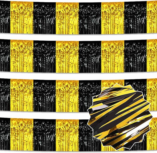 4 Pack 10 Ft Black and Gold Foil Fringe Garland Metallic Streamers Tinsel Banner Wall Hanging Garland Backdrop for Parade Floats, Halloween, Christmas, Thanksgiving, New Year Party Decorations