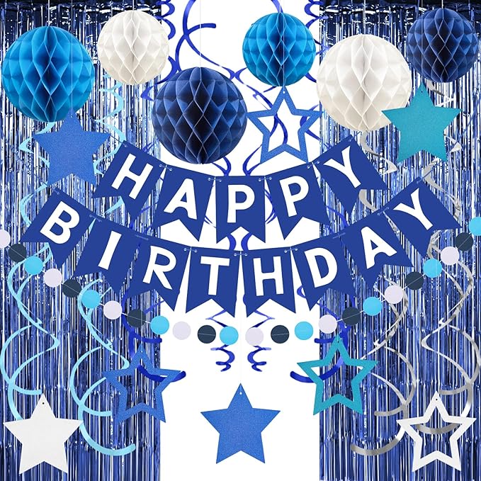 ZERODECO Birthday Decorations, Happy Birthday Banner with Paper Honeycomb, Star Hanging Swirl, Fringe Curtain, Garland, Birthday Party Decorations for Women Men Boys Girls (Navy Blue)