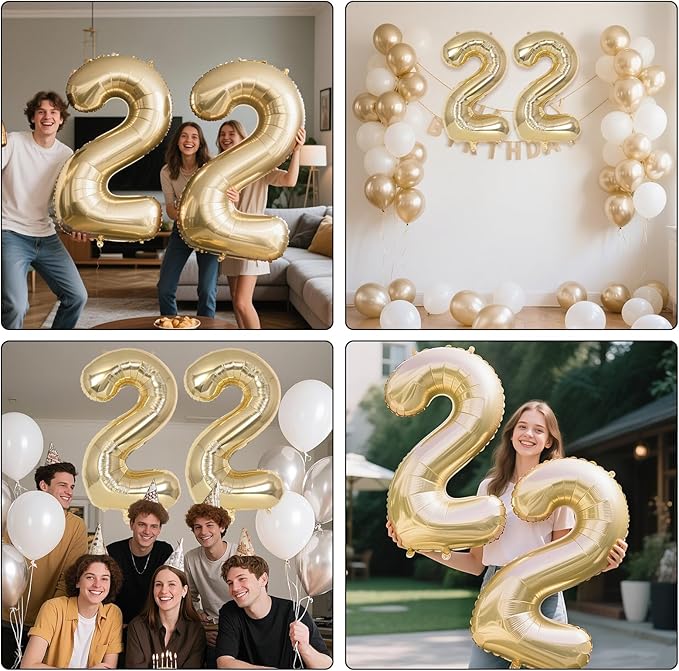 Champagne Gold Large Number 22 Balloon, 40 Inch Light Gold Foil Helium Number Balloons, Giant Mylar Number 22 Balloons for 22 Years Old Birthday Party Anniversary Decorations (Champagne Gold 22)