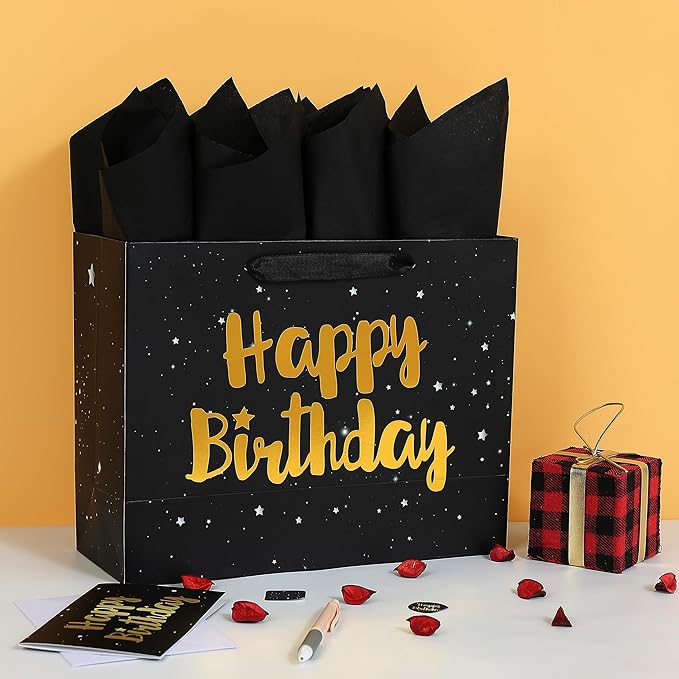 13" Large Black Gift Bag Set with Greeting Card and Tissue Papers (Stars and Gold Foil ‘Happy Birthday’) for Men's or Women's Party, Boys', Girls' or Kids' Birthday Parties, Baby Boy or Girl, 13”x5.2”x10.2”, 1 Pcs.