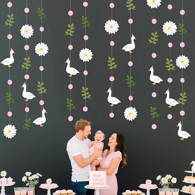 Pink Silly Goose 3D Daisy Flower Leaf Polka Dot Hanging Streamer Garland Banner for One Silly Goose Theme Birthday Baby Shower Wedding Bridal Shower Spring Summer Party Decorations Supplies