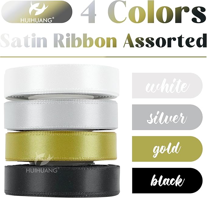 HUIHUANG Black and White Satin Ribbon 1/2 inch x 4 Rolls White/Black/Silver/Gold Ribbon for Gift Wrapping DIY Crafts Hairs Flower Bouquets Wedding Decoration- Total 40 Yards