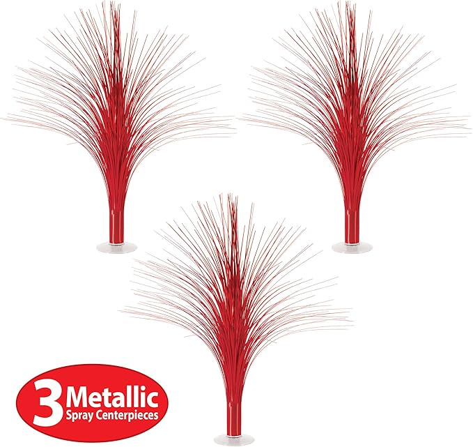 Beistle Red Metallic Spray Centerpieces – 3-Pack Tinsel Burst Table Decorations with Clear Base for Valentine's Day, Graduations, Birthdays, Christmas Holiday and Patriotic Celebrations, 19"