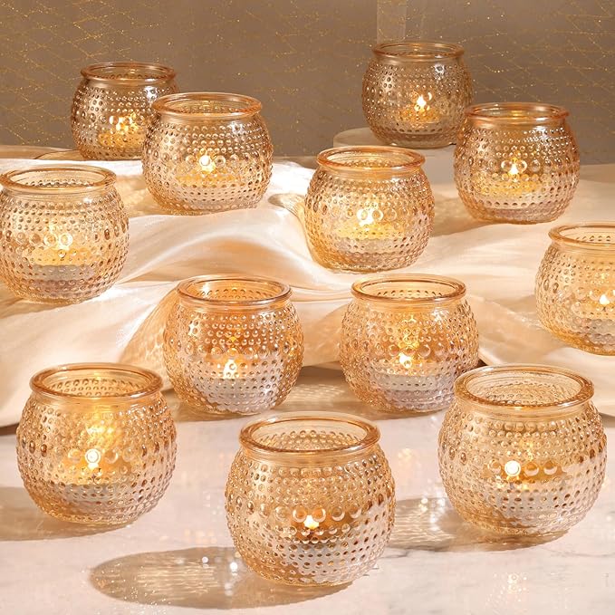 32 Pcs Gold Votive Candle Holders, Round Tea Light Candle Holders with Polka Dot Embossed, Gold Table Centerpieces for Weddings, Home Decor, Baby Shower, Special Occasions