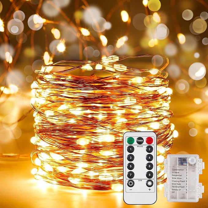 Ariceleo 4 Pack 16.4 Ft. Battery Operated Outdoor String Lights with Remote & Timer, LED Warm White Fairy Lights, Waterproof Twinkle Lights for Bedroom, Dorm, Mason Jar, Wedding, Party, Christmas