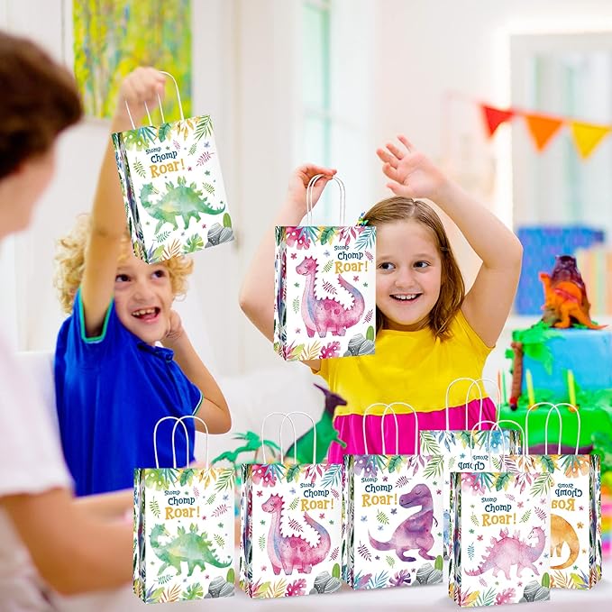 Outus 24 Pcs Dinosaur Party Gift Bags, Dino Party Gift Goodie Favor Bags with Handle for Girls Boys Dinosaur Theme Birthday Baby Shower Decoration