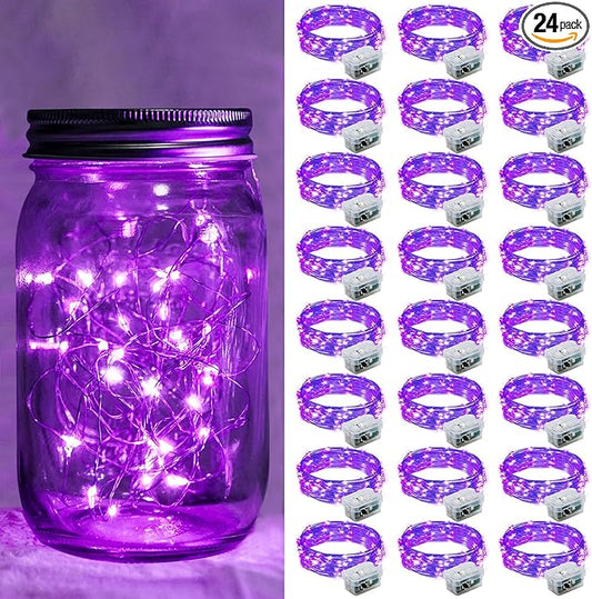 24 Pack Purple Fairy Lights 7Ft 20 LED Twinkle String Lights 3 Modes Battery Operated Waterproof Firefly Starry for Mason Jar Wedding Halloween Christmas Valentines Day Party Table Centerpieces