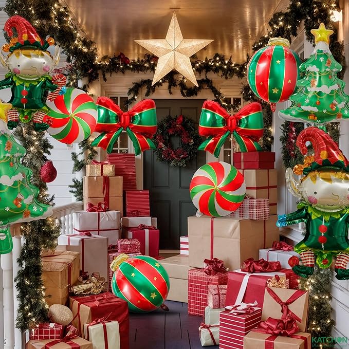 KatchOn, 25 Inch Large Christmas Balloons Decorations Set - Pack of 10 | Green and Red Christmas Decorations Indoor | Xmas Tree Bow Balloons and Elf Balloon for Winter Decoration | Holiday Decor