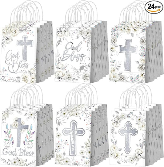 Kolldenn 24 Pcs First Communion Baptism Gift Bags Paper Religious Party Favor Bags God Bless Christian Cross Goodie Pouch for Baptism Party Decorations Christenings Wedding Confirmation