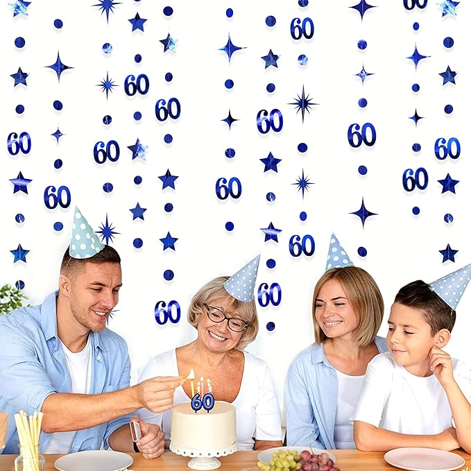 Navy Blue 60th Birthday Decorations Number 60 Circle Dot Twinkle Star Garland Metallic Hanging Streamer Bunting Banner Backdrop for 60 Year Old Happy Birthday 60th Anniversary Sixty Party Supplies