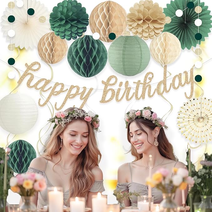 Sage Green Happy Birthday Decorations for Women, Pre-Strung Happy Birthday Banner with Honeycomb Balls, Paper Flowers, Lanterns, Hanging Swirls, Circle Dots Garland for Party Decor 24pcs
