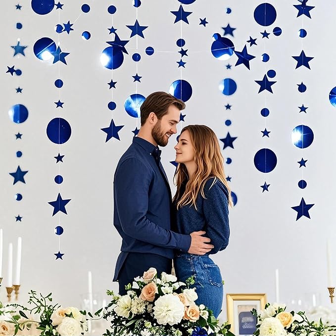 Dark Blue Party Decoration Dark Blue Star Circle Dot Hanging Garland Streamer Decorations Glitter Star Bunting Banner Twinkle Backdrop for Engagement Wedding Anniversary Baby Shower Birthday Christmas