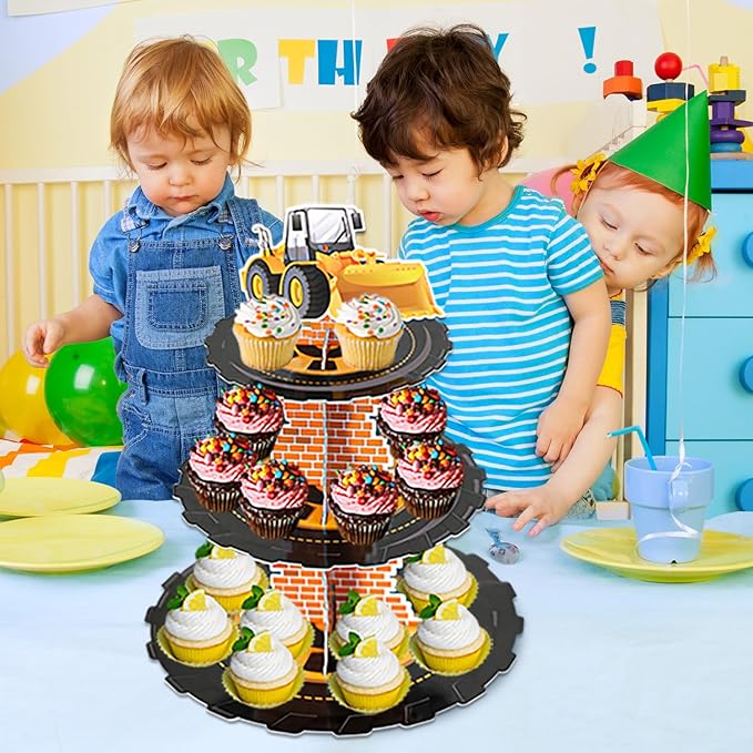 Construction 3-Tier Cardboard Cupcake Stand Dessert Display Tower Holder for Construction Birthday Party Supplies