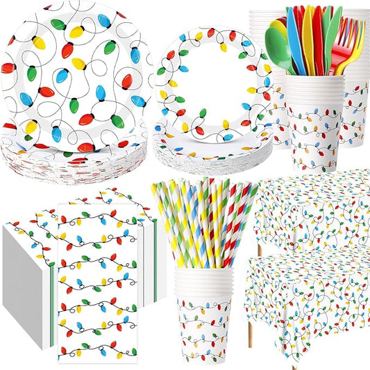 Funnymoom 452 Pcs Christmas Party Decorations for 50 Guests, Colorful Christmas Lights Paper Plates Napkins Cups Tablecloth Cutlery Straws Disposable Tableware Set for Xmas Holiday Party Supplies