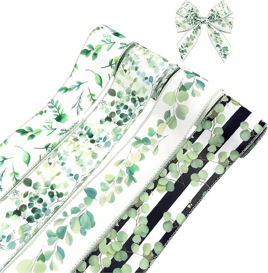 Eucalyptus Wired Edge Ribbon 20 Yards, Green Botanical Black Stripe Greenery Ribbon for Spring Summer Wreath Bow Making, Floral Arrangement, Gift Wrapping, Holiday Decor, 4 Rolls, 2.5 Inch (Green)