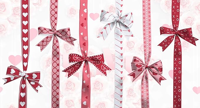 8 Rolls Valentine's Day Ribbon Set, 3/8" x 3 Yards Each, Heart Ring Pattern Grosgrain Ribbons for Wedding Gift Wrapping & DIY Crafts