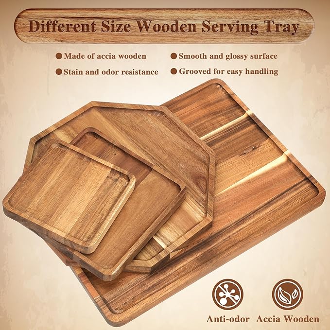 Baderke 4 Pcs Solid Acacia Wood Charcuterie Boards Wooden Serving Tray Set for Serving Food Large Dinner Platters for Dinner Party Cheese Food Decorative(Square Octagon Rectangle, 4 Sizes)