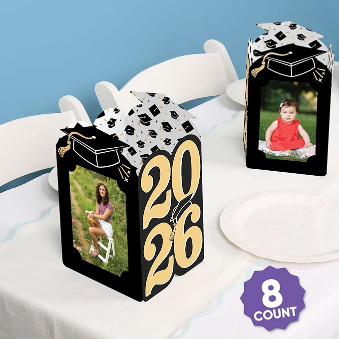 Big Dot of Happiness Black & Gold 2026 Graduation Photo Holder Centerpieces, 4x6 Picture Display Box, Table Decoration Centerpiece for Grad Party Decor, 8 Count