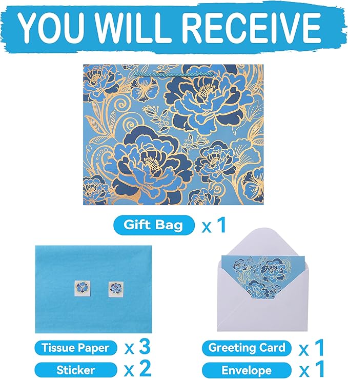 13" Large Rose Blue Gift Bag Set with Greeting Card and Tissue Paper(Foil Traced Flowers) for Celebrating Birthdays, Mother's Day, Weddings, Anniversary, Valentine's Day - 13”x5.2”x10.2”, 1 Pcs.