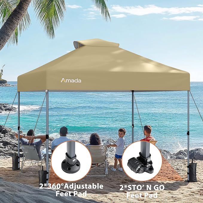 Amada 10x10 Pop Up Canopy - Center Lock One Push Instant Setup Wheeled Gazebo Outdoor Canopy Beach Tent with STO-N-Go Bag 8 Stakes & 4 Sand Bags, 3-Height Adjustable Shade Shelter (10x10ft, Khaki)