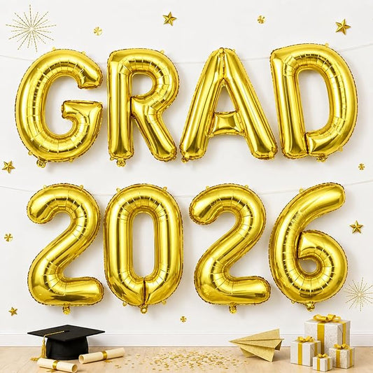 Gold Grad 2026 Balloons, 2026 Graduation Decorations Set Congrats Grad Foil Balloons Banner Sign for Class of 2026 Graduation Decorations College High School Prom Party Backdrop Supplies