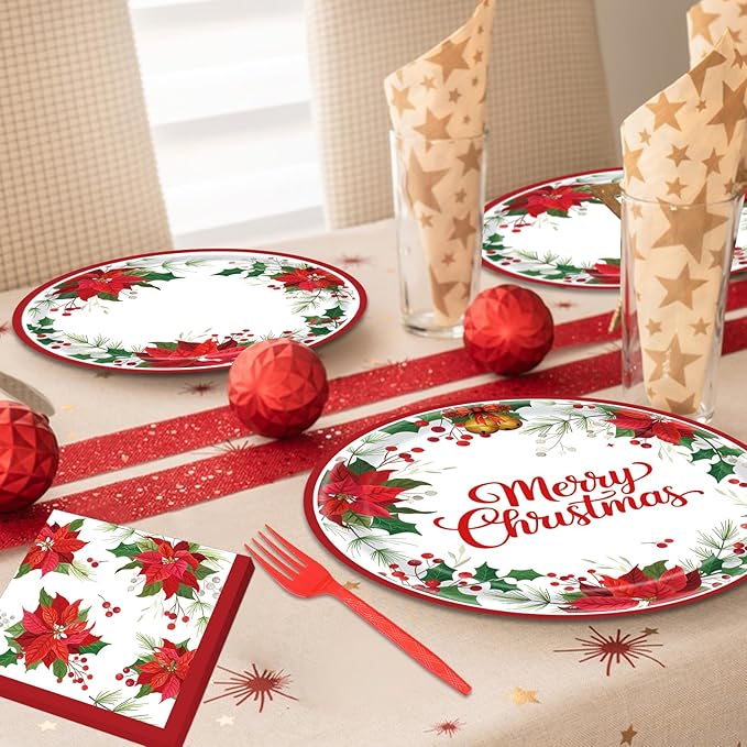 96 Pieces Christmas Poinsettia Tableware Set ??Merry Christmas Disposable Plates, Napkins, Forks Party Supplies with Holiday Flower and Holly Designs for Xmas Parties Celebrations ??Serves 24 Guests