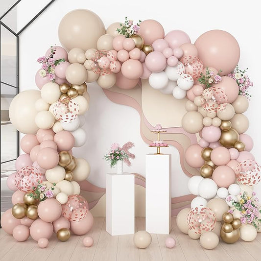 Amandir 173Pcs Boho Dusty Pink Balloon Arch Garland Kit, Neutral Baby Pink Ivory White Sand Nude Rose Gold Confetti Balloons for Monther Day Shower Gender Reveal Wedding Birthday Party Decorations