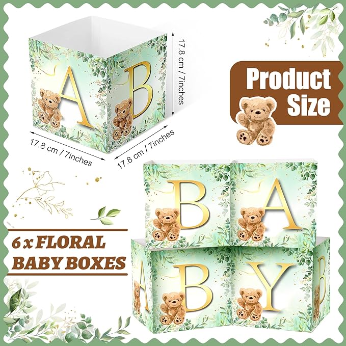 Bucherry 6 Pcs Baby Shower Centerpieces with Letters, 7" Baby Blocks Flower Boxes for Table Decorations, Gender Reveal Party Supplies & Photo Props(Green,Green Bear)