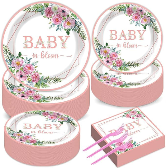 gisgfim 50 Guests Baby in Bloom Party Supplies Baby In Bloom Floral Plates and Napkins Plastic Forks Girl Floral Tableware Pink Flower Paper Plates for Birthday Party 200PCS