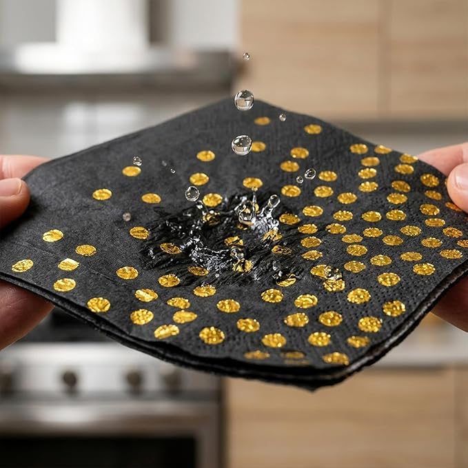 80Pcs Black and Gold Paper Napkins Disposable, Cocktail Napkins for Party Supplies, Gold Polka Dot Dinner Beverage Napkins Bulk, Men Women Birthday Anniversary Decorations