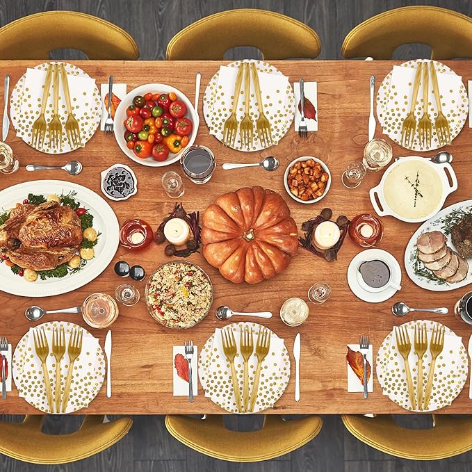 48PCS White and Gold Plates and Napkins Party Supplies, Gold Dot Disposable Party Paper Plates and Napkins with Forks Tableware Set for Wedding Baby Shower Birthday Decorations 16 Guests