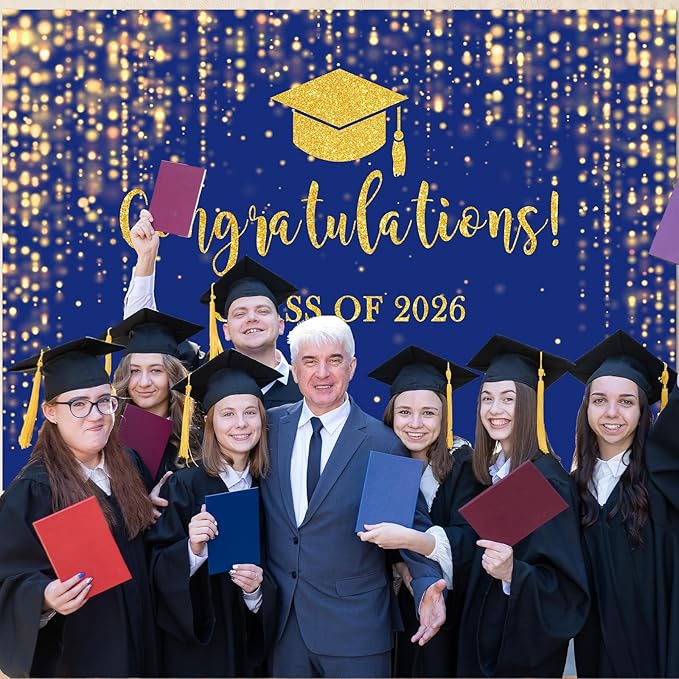 Mocsicka Class of 2026 Backdrop Blue Gold Glitter Bokeh Graduation Party Background 2026 Congrats Grad Prom Party Cake Table Decoration Photo Booth Props (8x6ft)