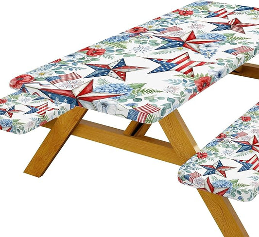 JAWO Patriotic Picnic Table Cover - 4th of July Fitted Tablecloth with Elastic Edge,Red White Blue Star Floral Design for Outdoor Camping, BBQ, Independence Day Party Decor, 72x30 Inch