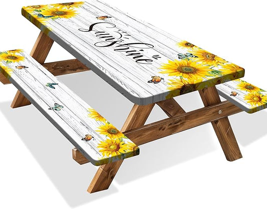 Sunflower Picnic Table Cover with Bench Covers Camping Essentials Wooden Grain Outdoor Table Covers with Elastic Waterproof Fitted Tablecloth for RV Picnic Travel