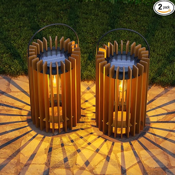 2 Pack 13" Solar Lantern Outdoor Waterproof IP44 Outside Lights LED Hanging Rattan Lamp for Patio Garden Decor Porch Yard Table Top Decorative