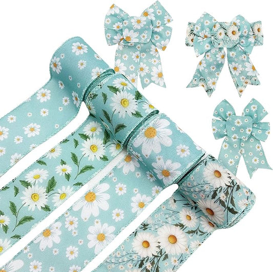 Spring Daisy Wired Edge Ribbon, 2.5 Inch Wide Watercolor Blue Floral Ribbon, 4 Rolls for Mother's Day Birthday Wedding Bridal DIY Wrapping Party Decor (Blue)